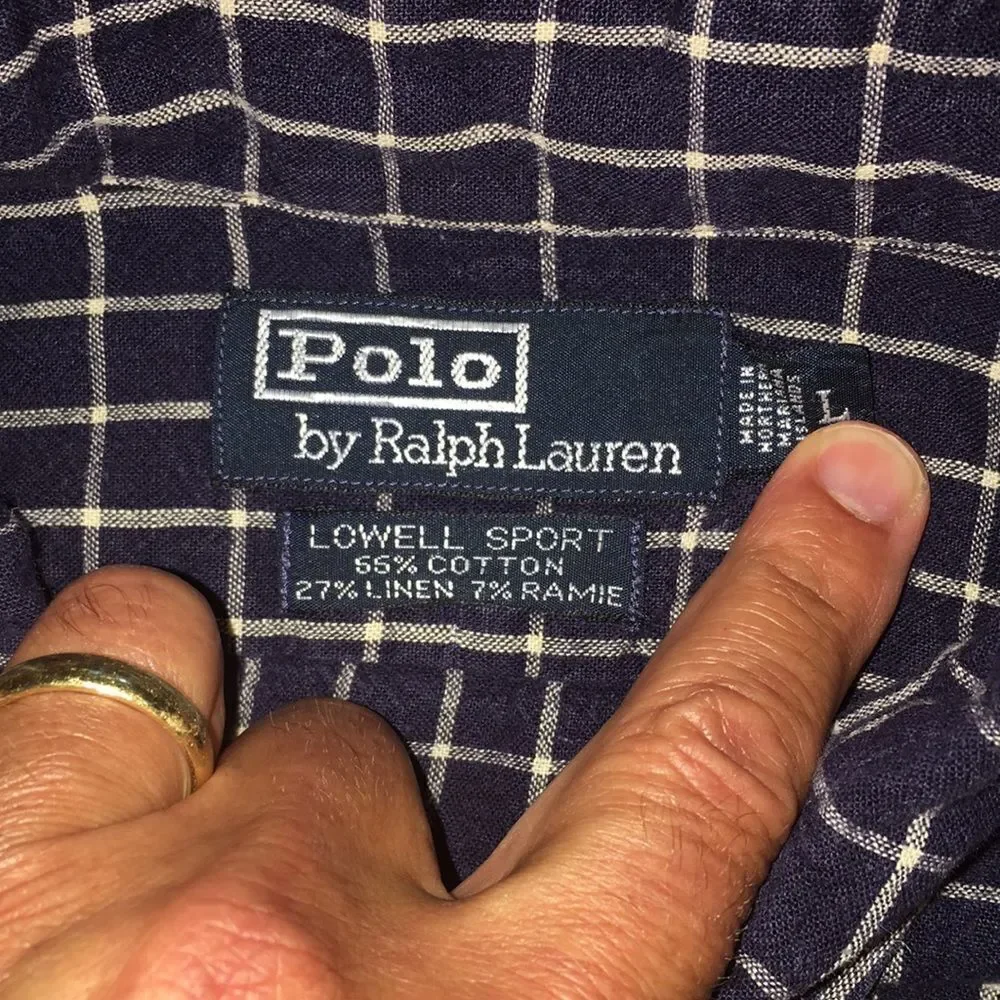 Polo Ralph Lauren Lowell Sport Cotton Linen Blue White Check Print Pocket Shirt